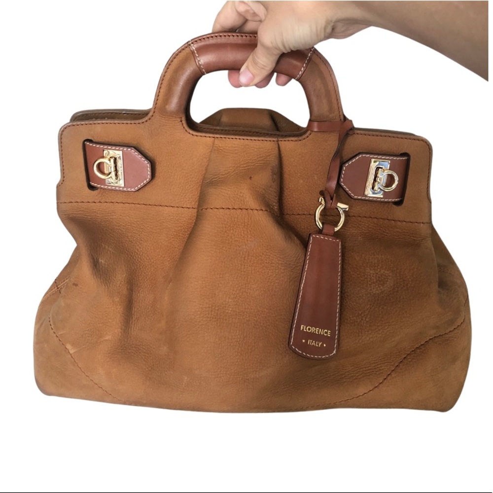 Salvatore Ferragamo brown suede leather handbag / purse